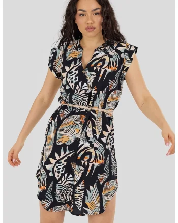 Rochie -tunica cu o curea in talie Mona, Negru/Portocaliu/Bej