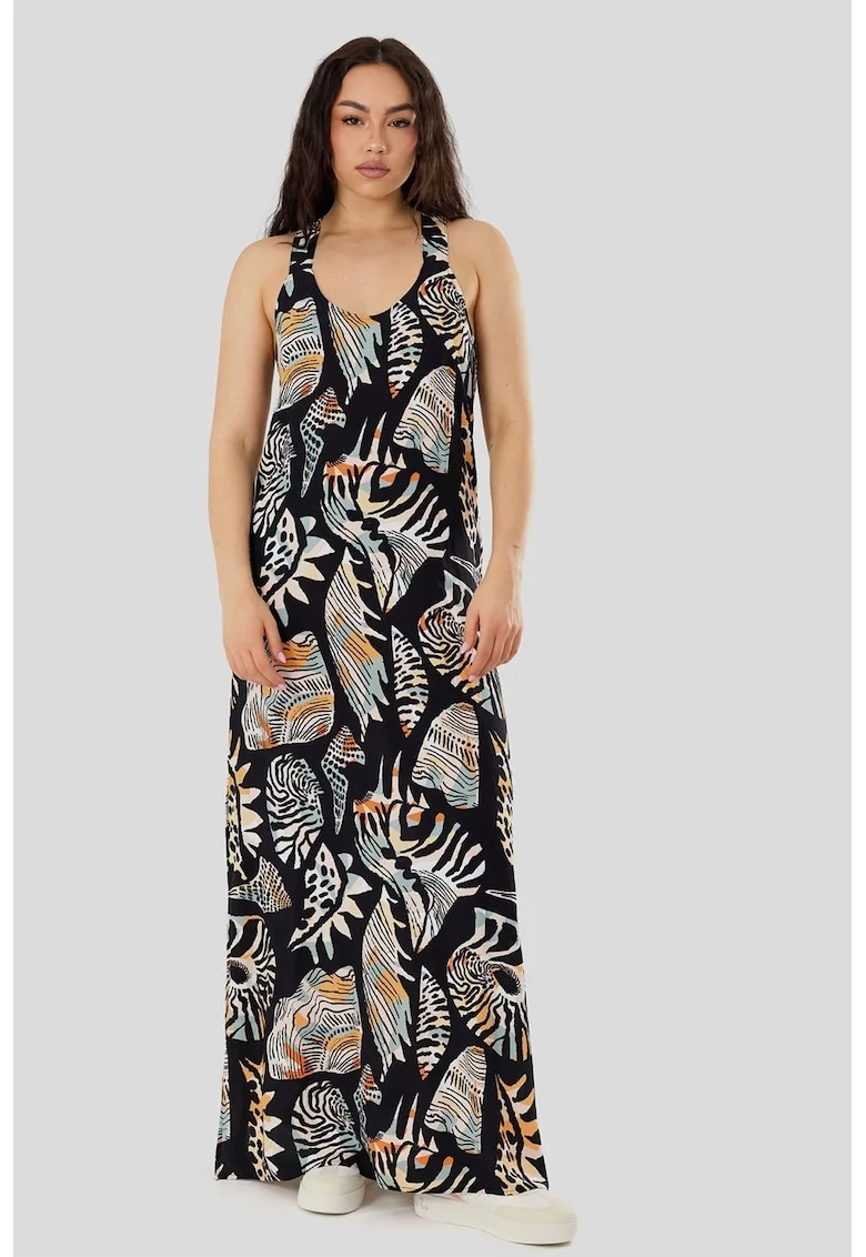 Rochie maxi cu slituri laterale Penelope, Negru/Portocaliu/Bej