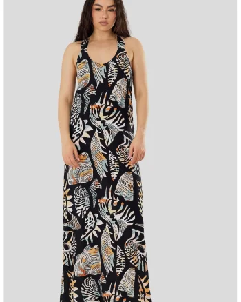 Rochie maxi cu slituri laterale Penelope, Negru/Portocaliu/Bej