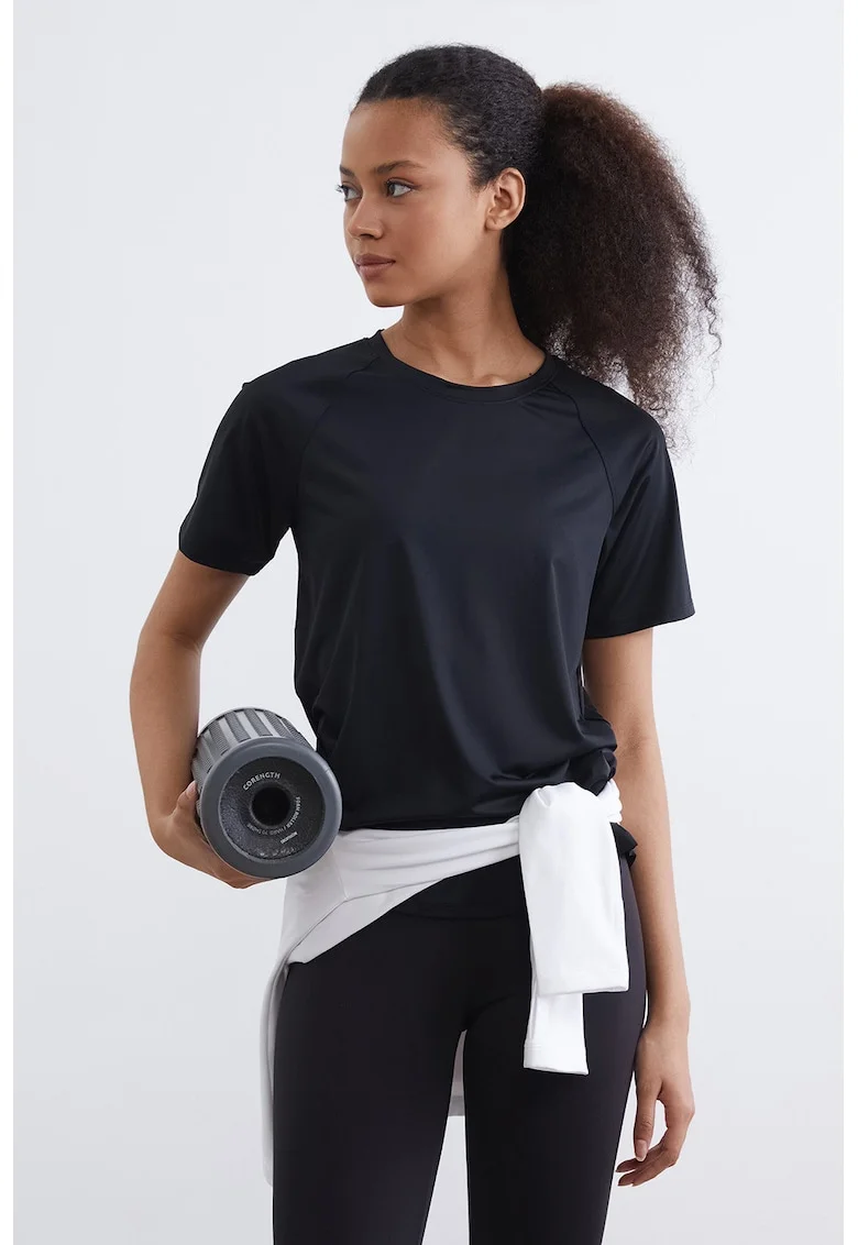 Tricou cu maneci raglan si terminatie asimetrica, Negru