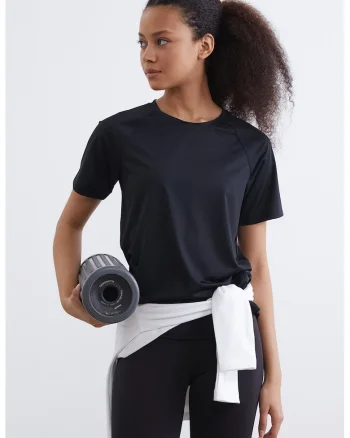 Tricou cu maneci raglan si terminatie asimetrica, Negru