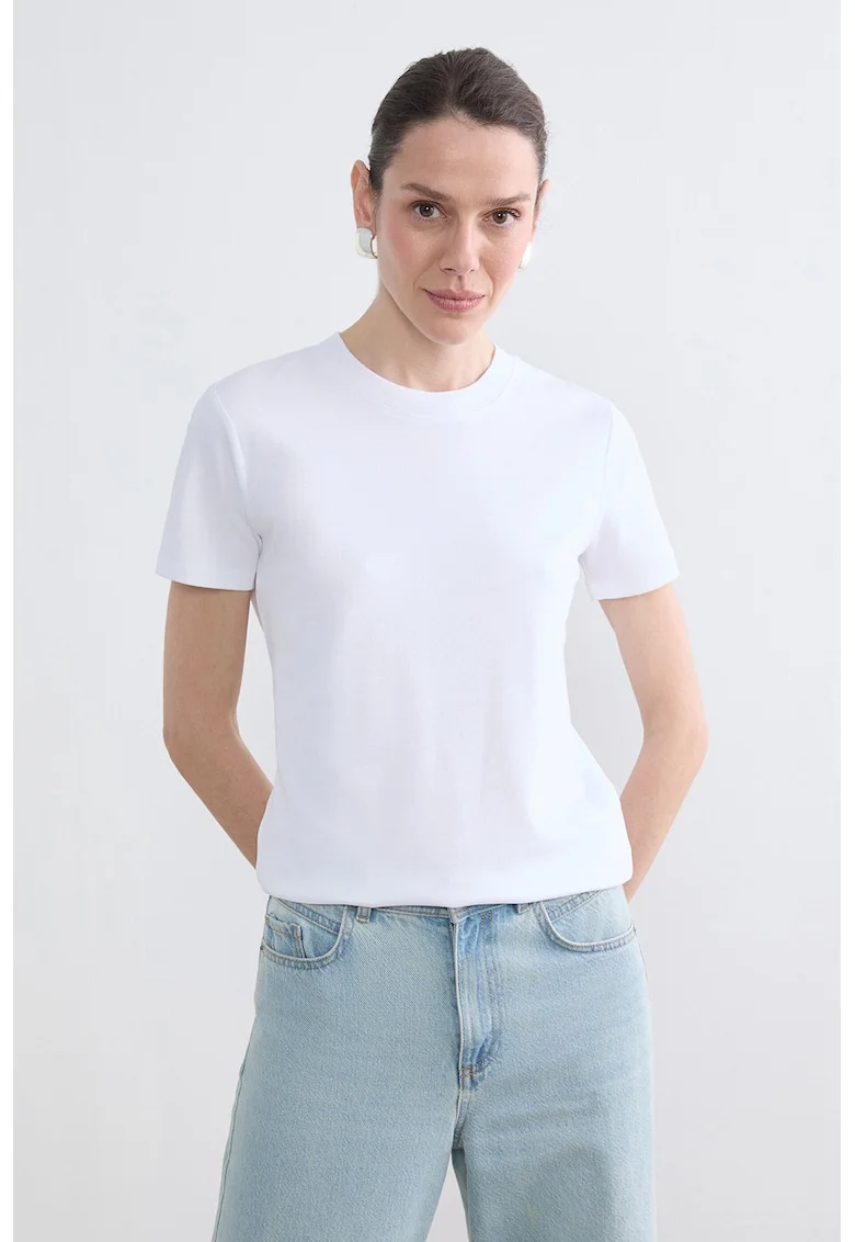 Tricou uni din bumbac cu decolteu la baza gatului, Alb optic