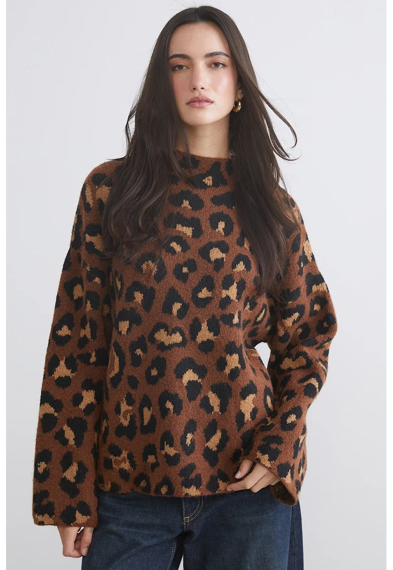 Pulover supradimensionat cu animal print Vision, Maro pamantiu