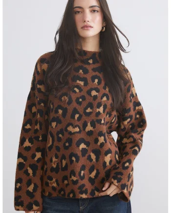 Pulover supradimensionat cu animal print Vision, Maro pamantiu