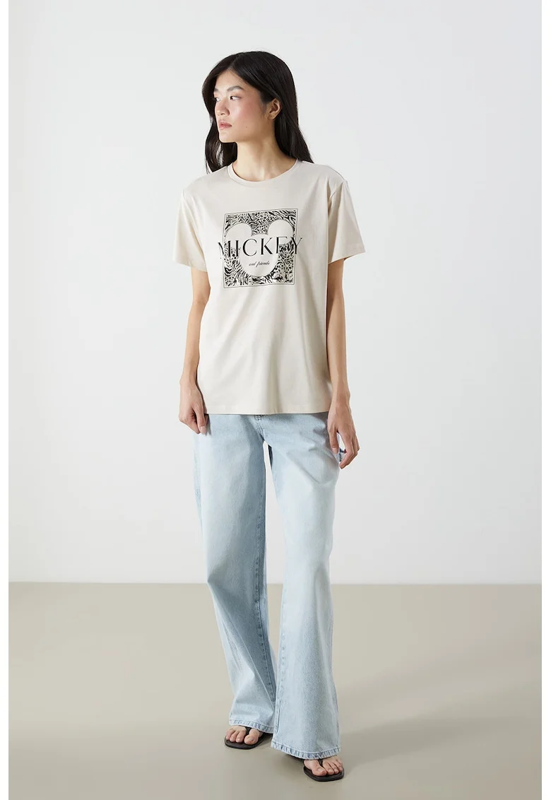 Tricou cu decolteu la baza gatului si model grafic, Alb optic