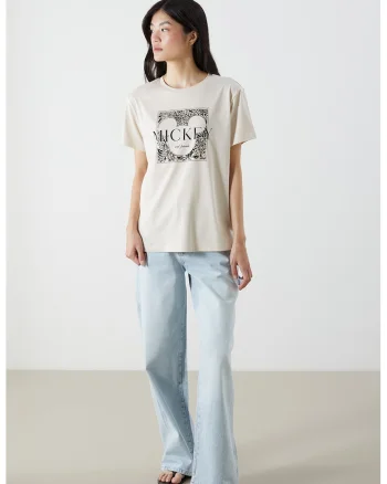 Tricou cu decolteu la baza gatului si model grafic, Alb optic