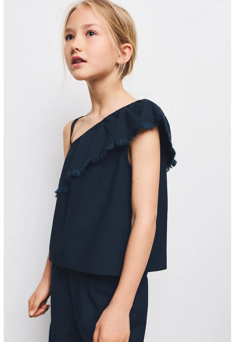 Bluza cu decolteu pe umeri si model uni, Bleumarin