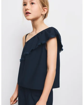 Bluza cu decolteu pe umeri si model uni, Bleumarin