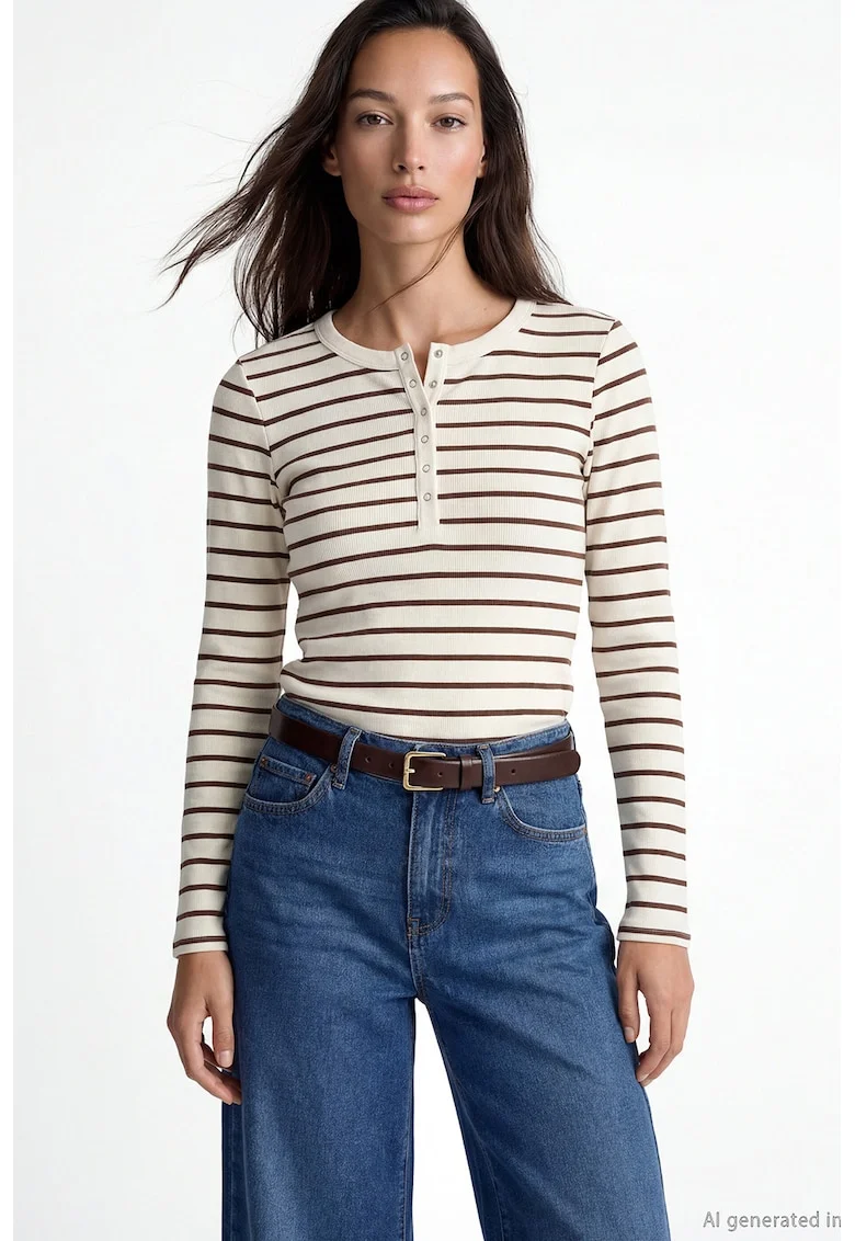 Bluza slim fit cu model in dungi si fenta cu capse, Bej deschis/Maro pamantiu