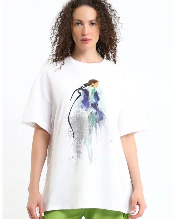 Tricou lejer de bumbac, Albastru inchis/Alb optic