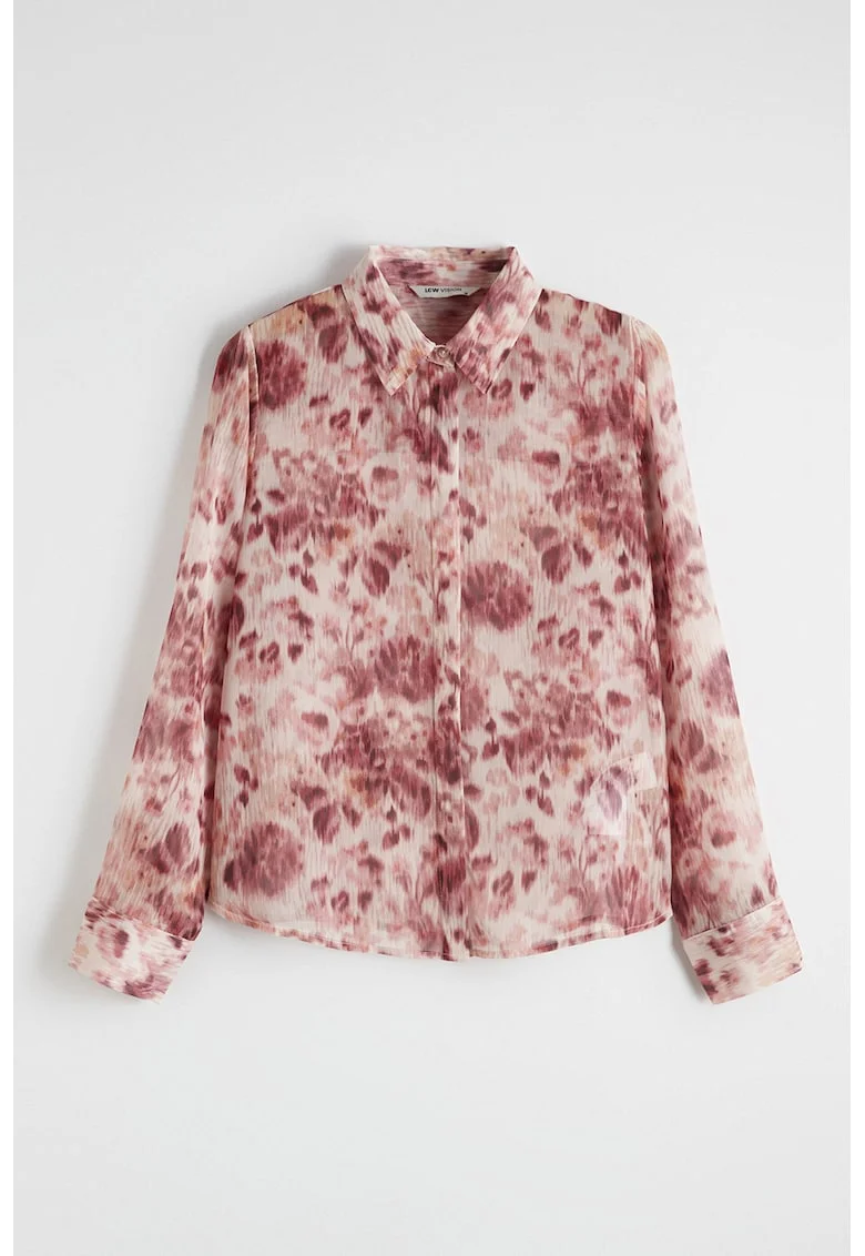 Camasa cu model floral si guler clasic, Rosu/Roz pastel
