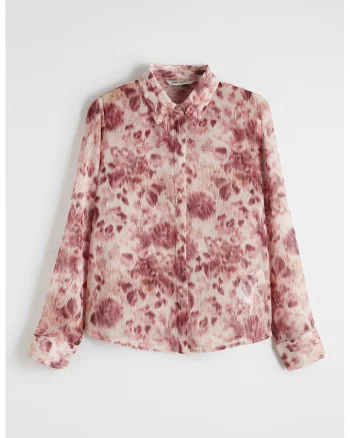 Camasa cu model floral si guler clasic, Rosu/Roz pastel