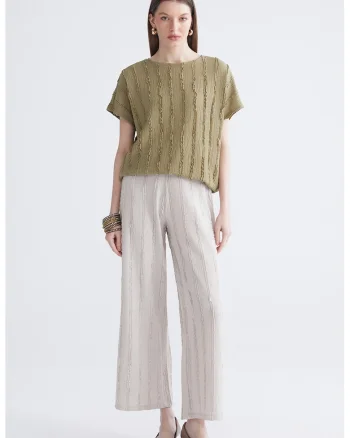 Pantaloni drepti texturati cu croiala ampla, Maro taupe deschis