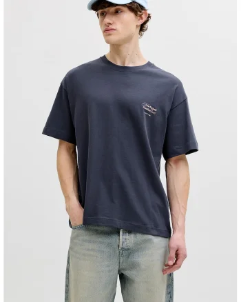 Tricou cu decolteu la baza gatului si imprimeu pe partea din spate, Bleumarin