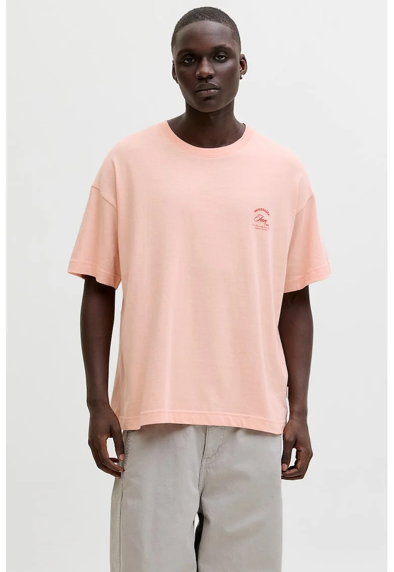 Tricou cu decolteu la baza gatului si imprimeu pe partea din spate, Piersica