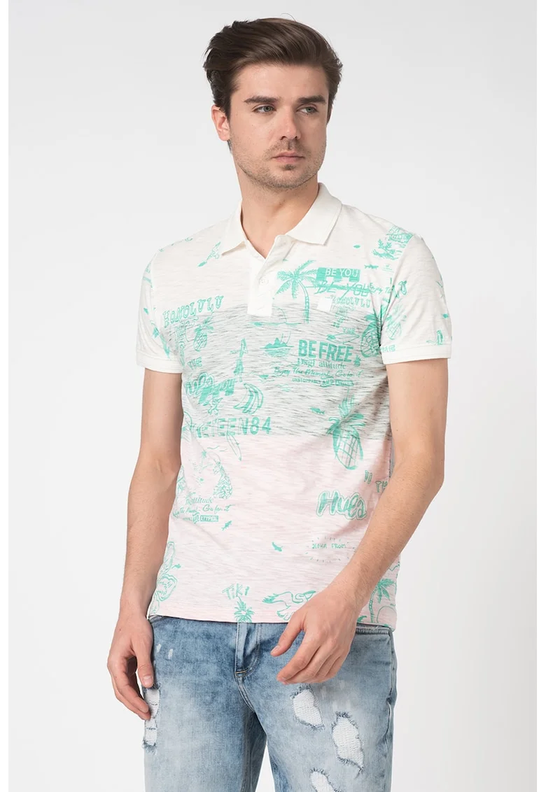 Tricou polo cu model tropical Benjamin, Alb/Verde