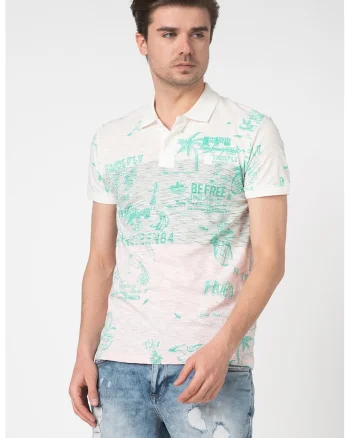 Tricou polo cu model tropical Benjamin, Alb/Verde