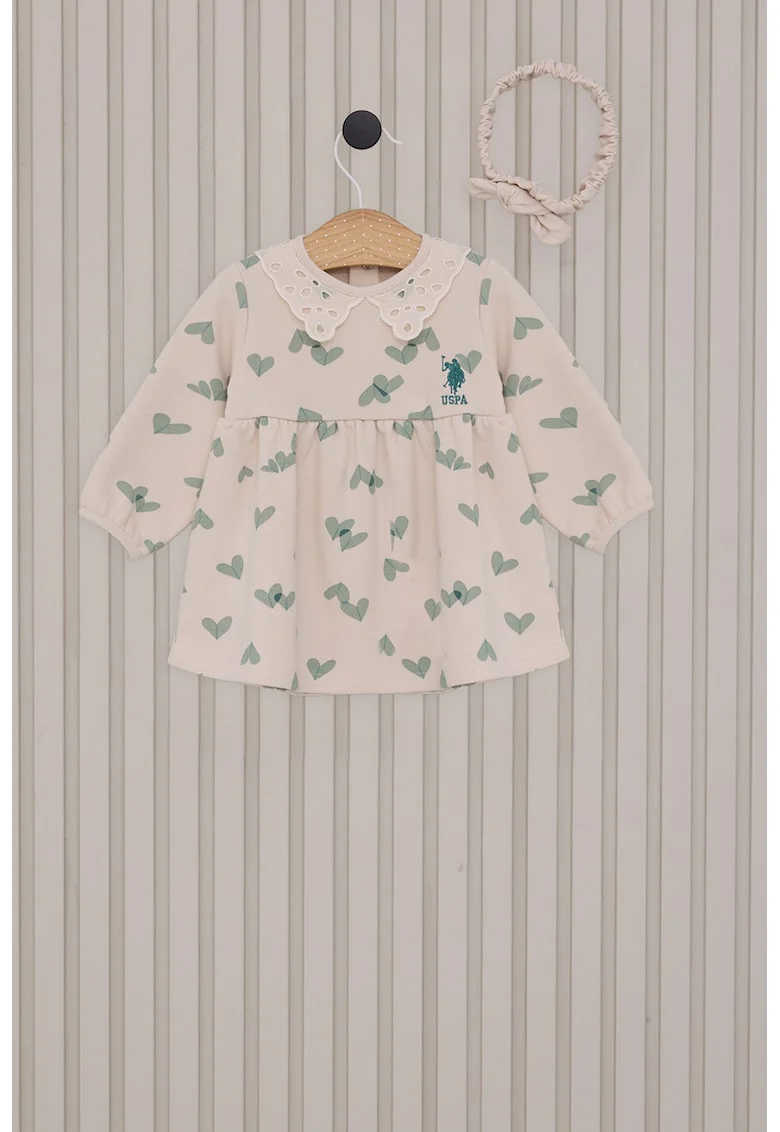 Rochie din amestec de bumbac si imprimeu cu inimi, Verde pal/Crem