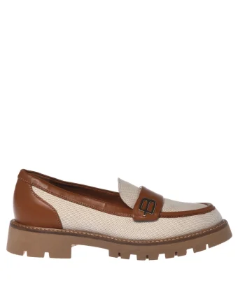 Mocasini din piele si material textil cu logo metalic, Bej