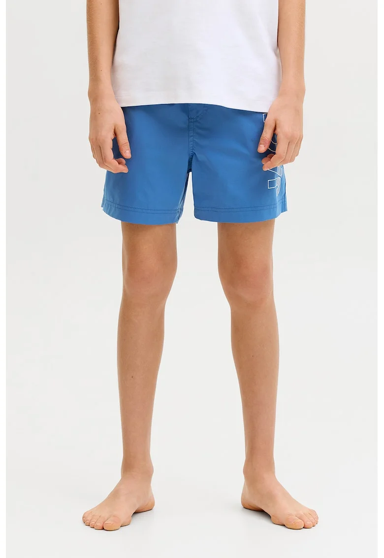 Pantaloni scurti de baie cu imprimeu logo si buzunare, Albastru