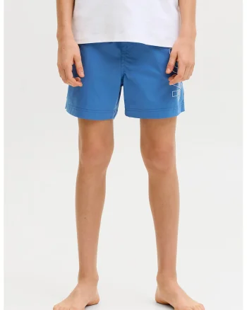 Pantaloni scurti de baie cu imprimeu logo si buzunare, Albastru