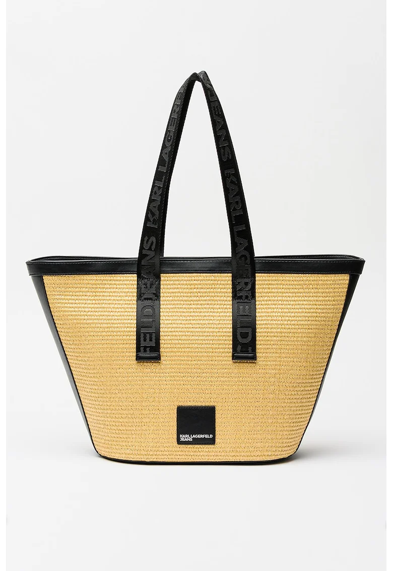 Geanta shopper din rafie cu logo Box, Negru/Bej