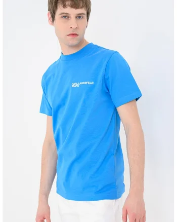 Tricou slim fit de bumbac organic cu imprimeu logo, Albastru deschis