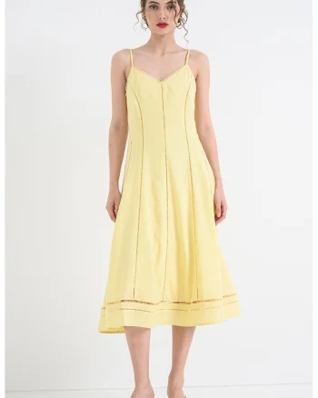 Rochie midi evazata cu detaliu cu logo brodat, Galben pai