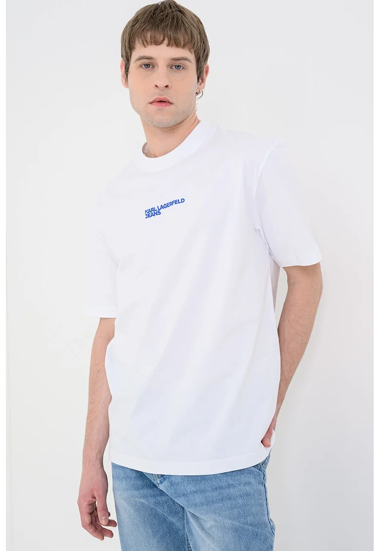 Tricou cu decolteu la baza gatului si imprimeu pe partea din spate, Alb/Albastru royal