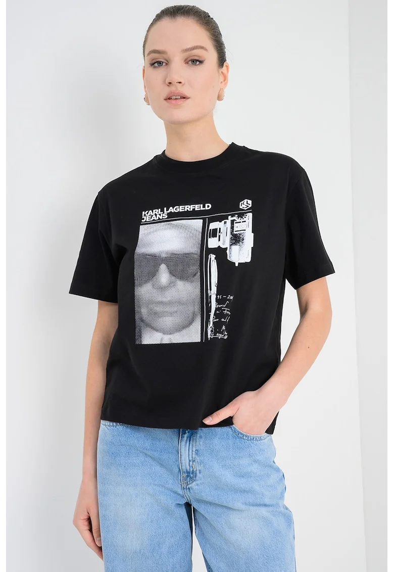 Tricou regular fit din bumbac organic cu imprimeu logo cu fotografie, Alb/Negru