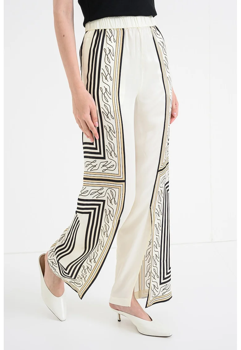 Pantaloni cu imprimeu si talie elastica, Alb fildes/Negru/Maro nisip