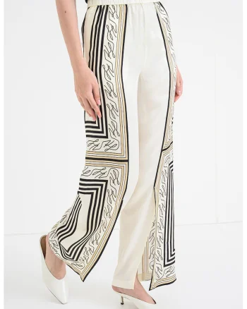 Pantaloni cu imprimeu si talie elastica, Alb fildes/Negru/Maro nisip