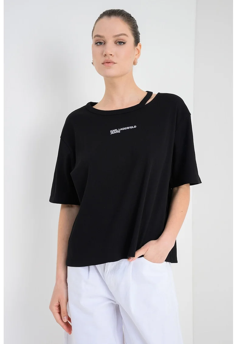 Tricou din amestec de bumbac organic cu decupaj in zona decolteului, Negru