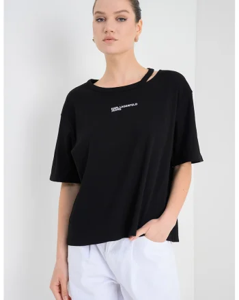Tricou din amestec de bumbac organic cu decupaj in zona decolteului, Negru