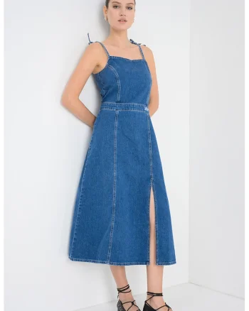 Rochie evazata din denim cu slit adanc lateral, Albastru