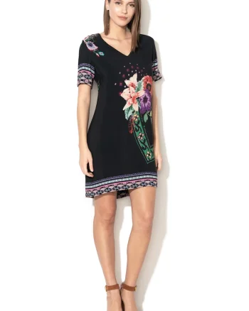 Rochie cu imprimeu si decolteu in V Barta, Verde/Negru/Roz