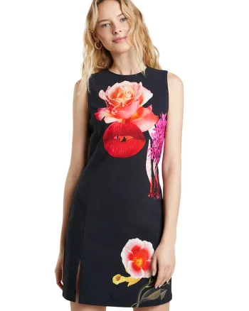 Rochie scurta cu imprimeu floral, Rosu/Negru/Roz