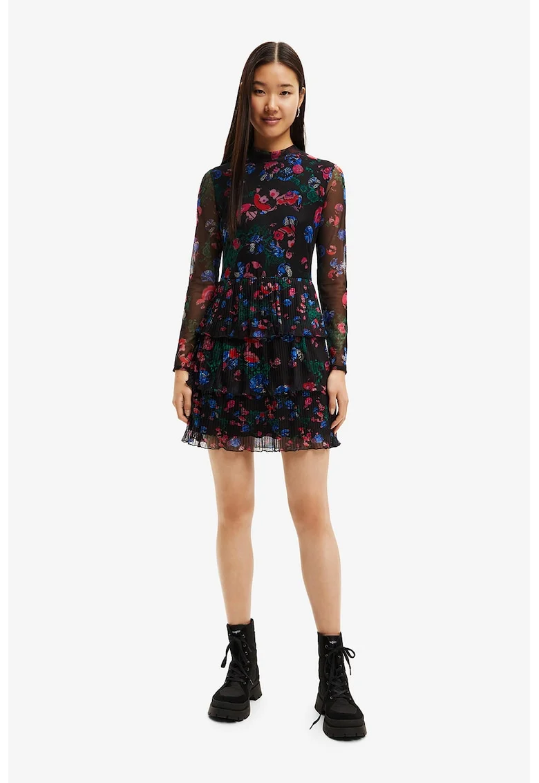 Rochie mini cu terminatie stratificata, Negru/Verde englez
