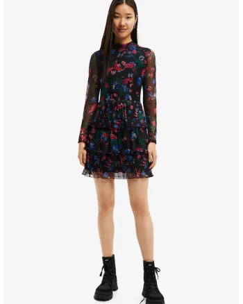Rochie mini cu terminatie stratificata, Negru/Verde englez