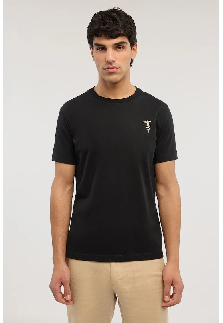 Tricou cu decolteu la baza gatului si logo pe piept, Negru