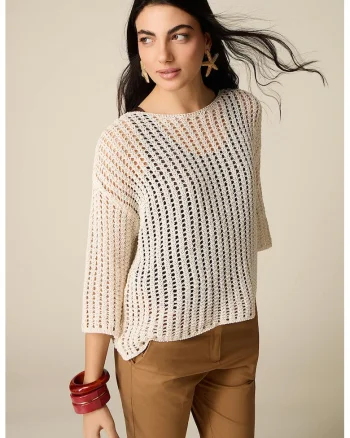 Pulover lejer cu decolteu rotund, Crem
