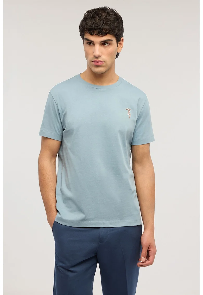 Tricou cu decolteu la baza gatului si logo pe piept, Albastru glaciar