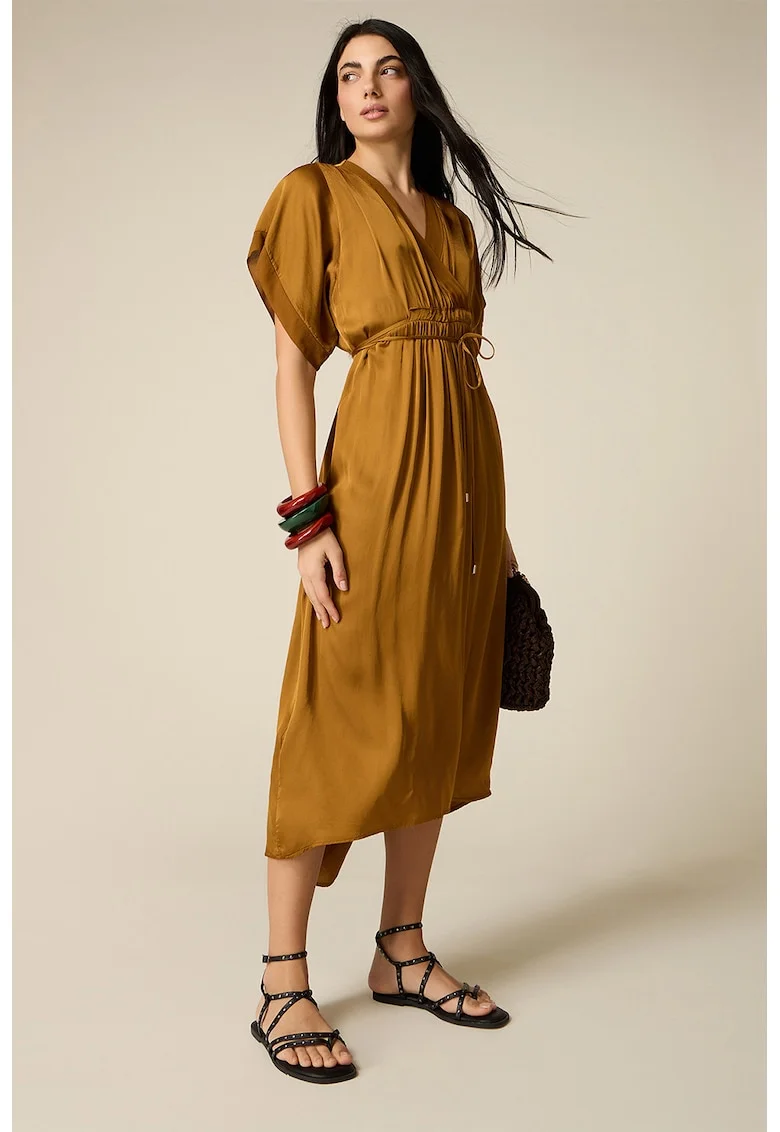 Rochie midi cu decolteu in V, Caramel
