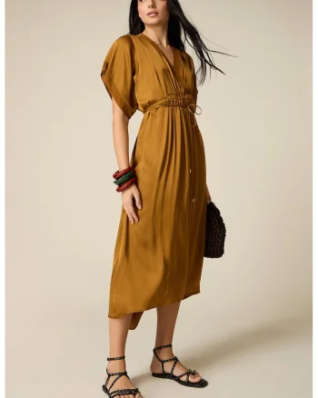 Rochie midi cu decolteu in V, Caramel