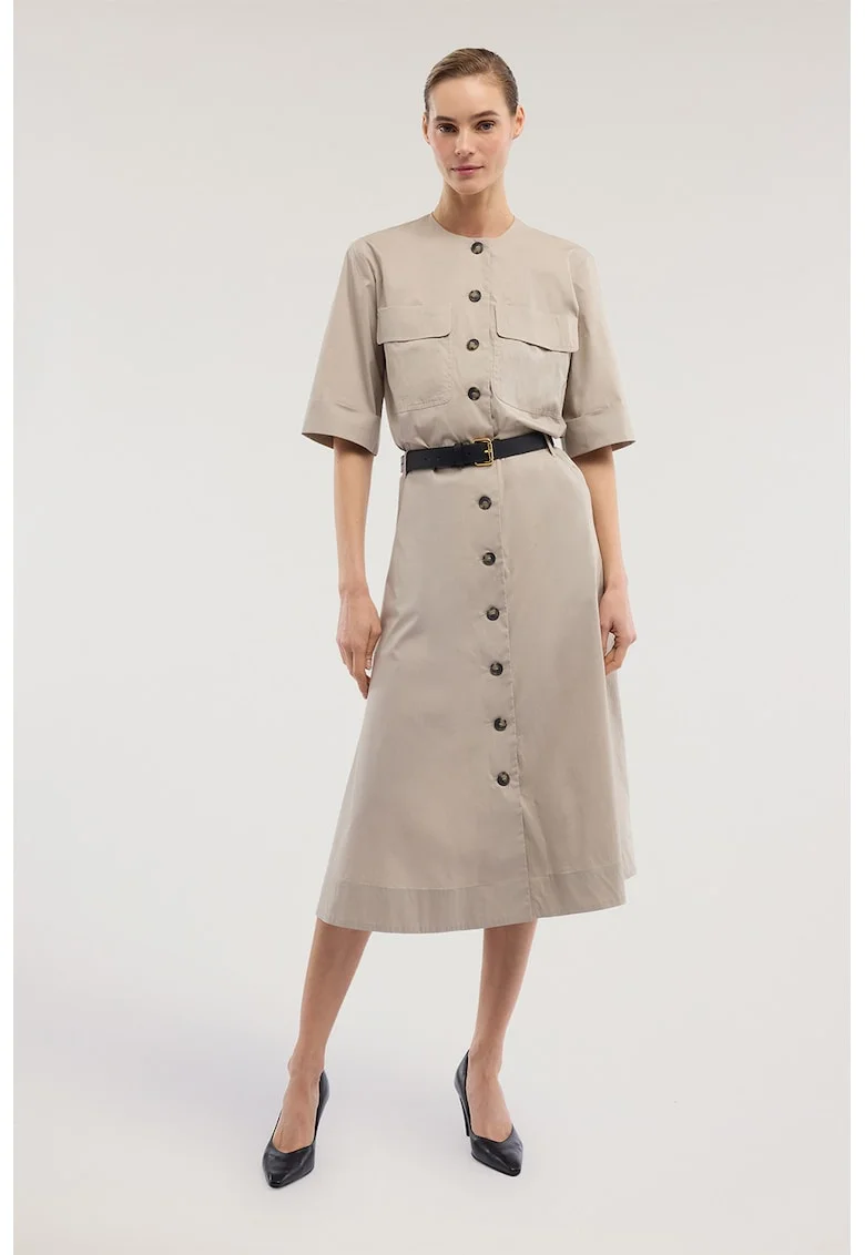 Rochie midi evazata cu nasturi si o curea in talie, Maro taupe deschis