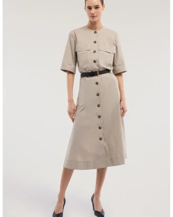 Rochie midi evazata cu nasturi si o curea in talie, Maro taupe deschis