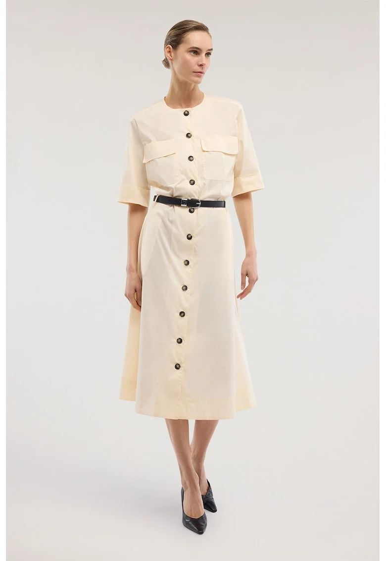 Rochie midi evazata cu nasturi si o curea in talie, Bej deschis