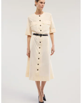 Rochie midi evazata cu nasturi si o curea in talie, Bej deschis