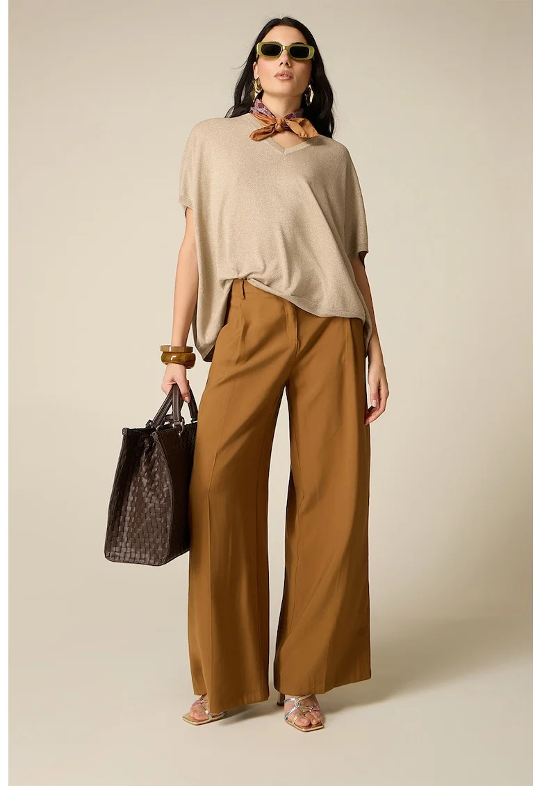 Pantaloni cu croiala ampla si talie medie, Caramel