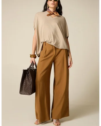 Pantaloni cu croiala ampla si talie medie, Caramel